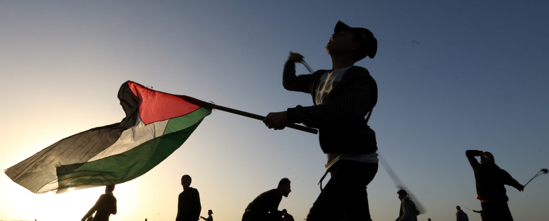 A Palestinian flag raised during a protest